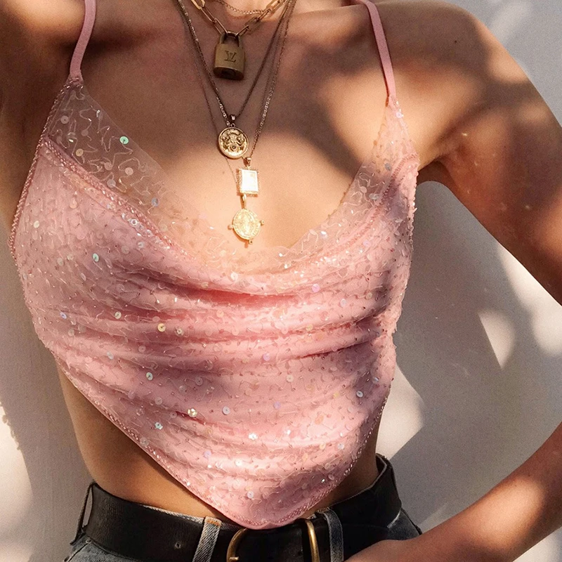 

2021 Handmade Crystal Tank Top Sexy Backless Summer Beach Women Crop Top Halter Camis Bralette Ladies Croped Tops #0816