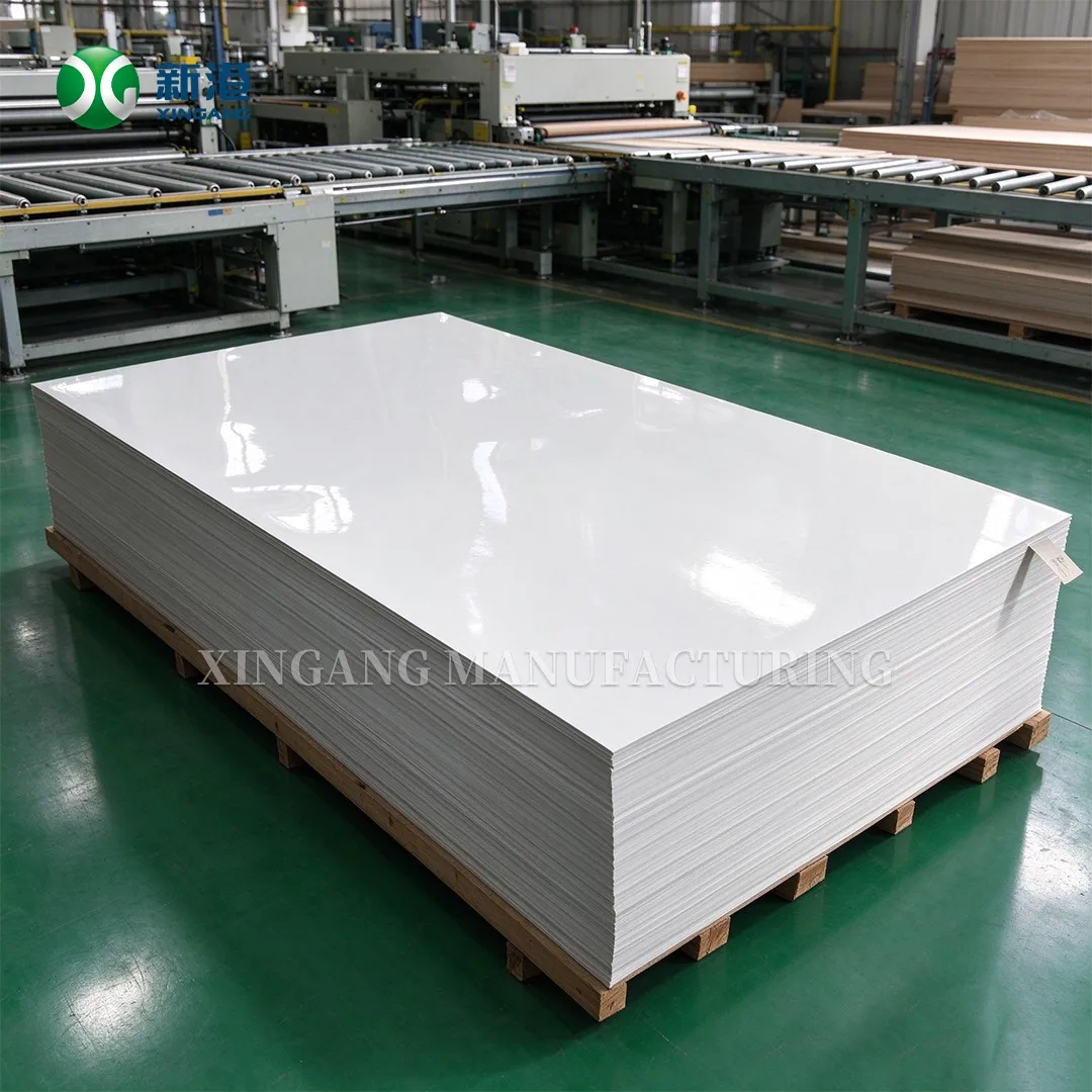 White gloss HPL pallet beside the roller line in the production hall