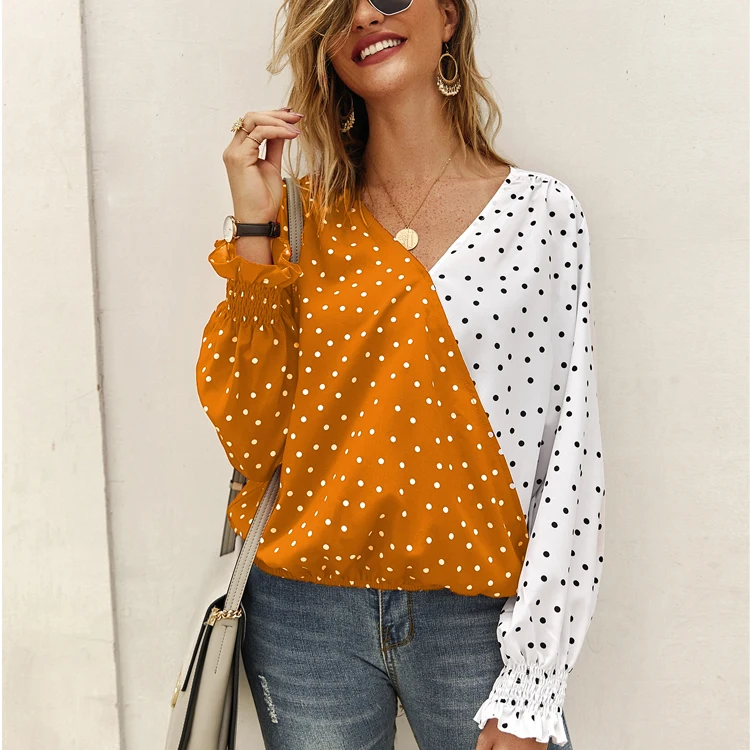 2019 Women Tops Patchwork Dots Long Sleeve Casual Lady Shirt