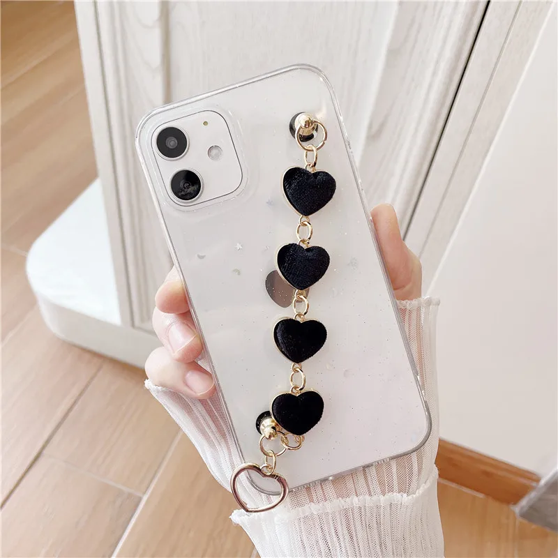 

2021 unique beauty black love bracelet phone case epoxy glitter star clear tpu back cover for Iphone 11/12 pro max 6 7 8