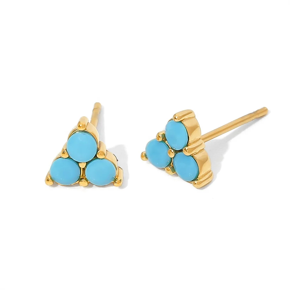 

14k PVD Gold Plated Dainty Round Turquoise Triangle Shape Waterproof Stud Earrings For Women