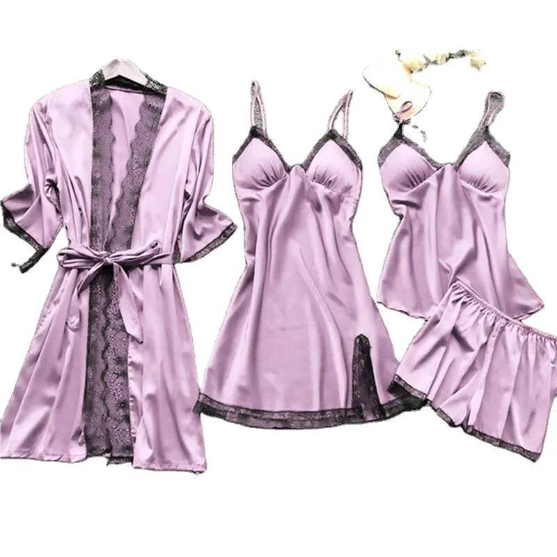 

Womens Pajamas Set Long Sleeve Robe lingerie ladies sexy Nightwear Underwear Sleepwear 5pcs Suit Pajama Sets, Blue pink black red gray mint