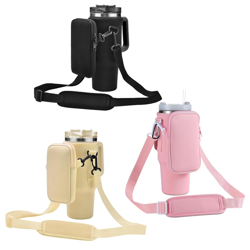 

Water Bottle Holder with Phone Pocket Tumbler with Handle Neoprene Tumbler Pouch Carrier Bag with Adjustable Strap