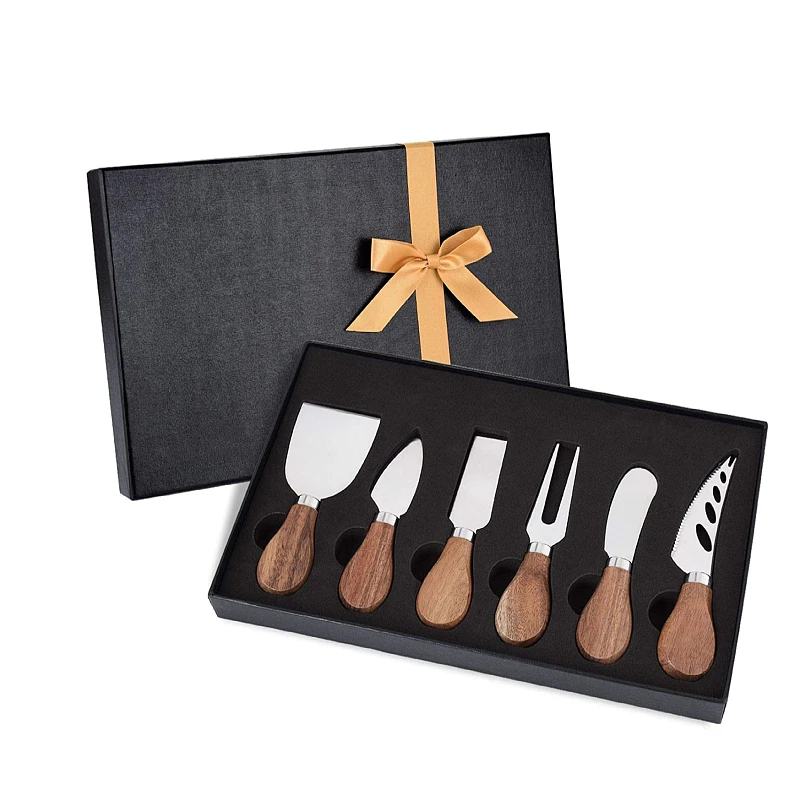 

Cheese Slicer Butter Spreader Forks Stainless Steel Acacia Wood Handle 6pcs Cheese Knife Set with Box