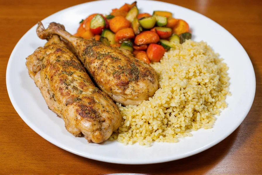 Lemon pepper chicken served with roasted vegetables and quinoa on a wooden table