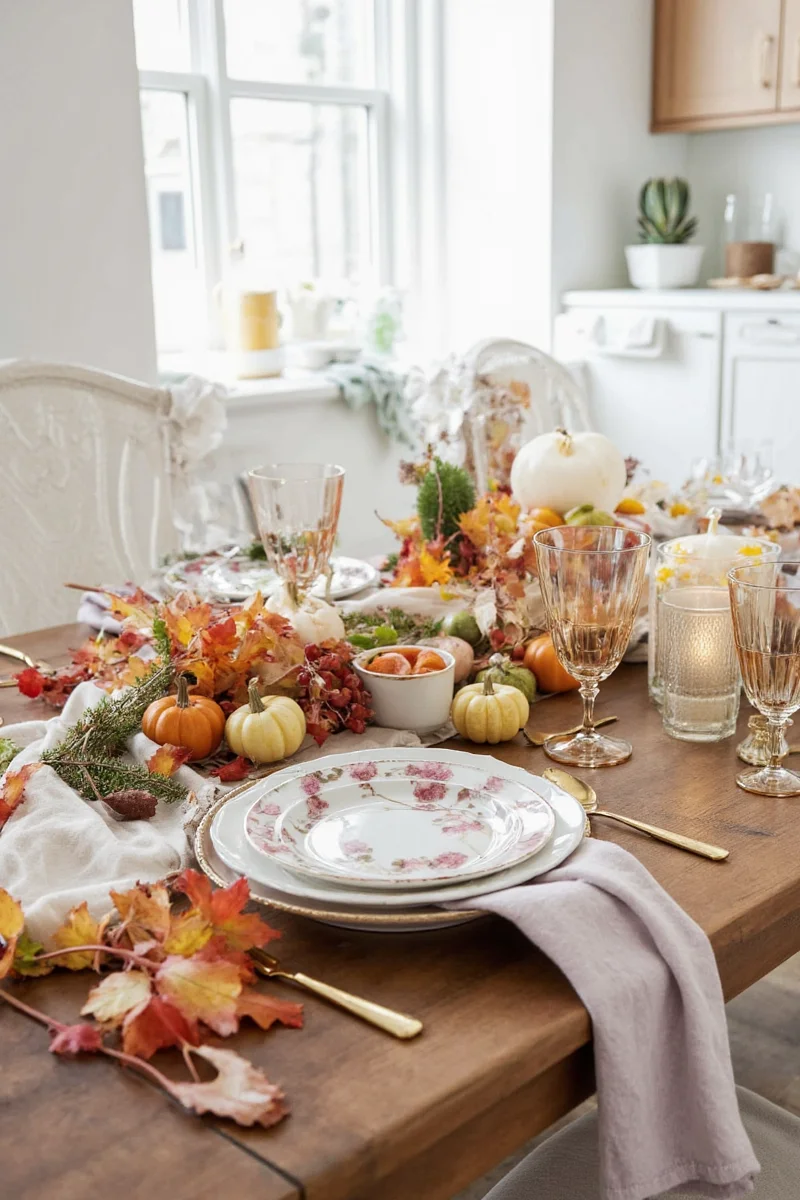 Eco-friendly Thanksgiving table with reusable items and natural materials