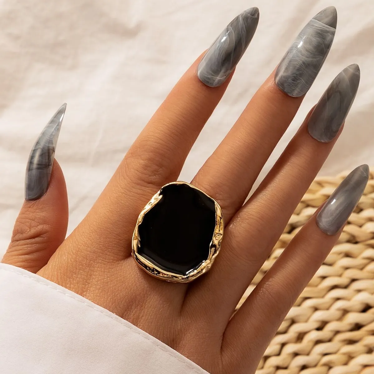 

Bohemian Irregular Black Stone Ring for Women Charming Gold Color Alloy Big Joint Ring Statement Jewelry Anillos, Multicolor