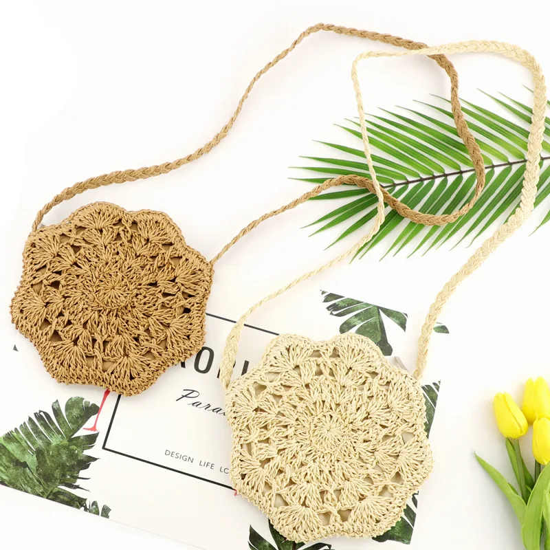 

Custom summer crochet round paper nature flower tote bag handbag woven beach rattan straw bag for women