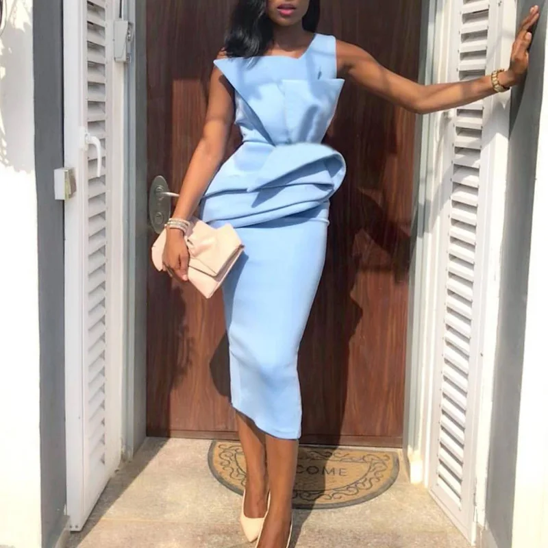 

2022 Summer Sleeveless Ruffle Blue Midi Length Club Dress Girl, Light blue