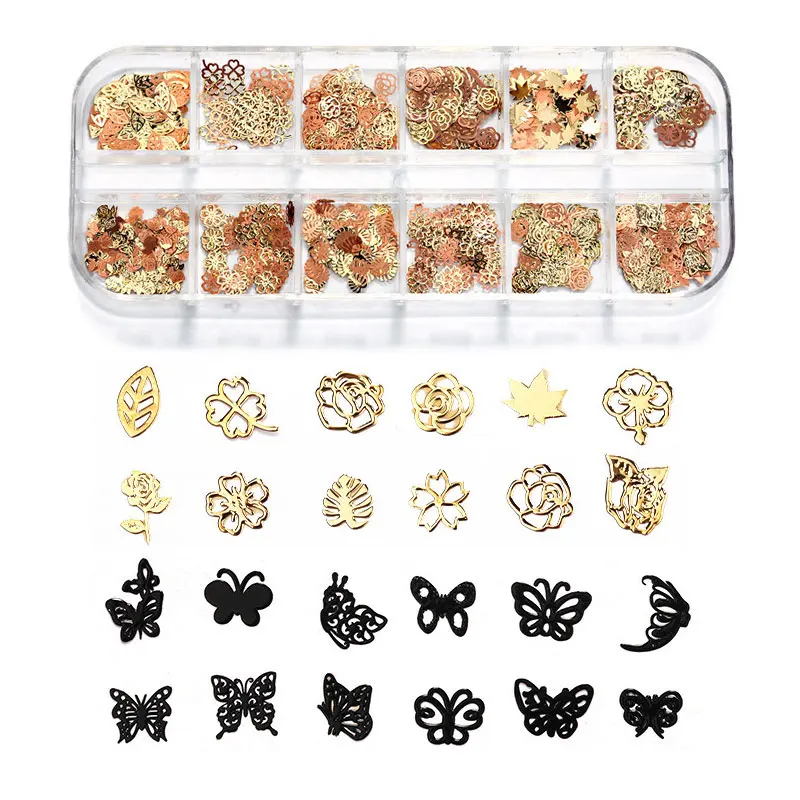 

Nail Art Glitter Sequins Gold silver black mixed Butterfly rose Designs Nail Art Decorations 3D DIY Metal Slice Nails Decals, Rose gold/gold/silver/black