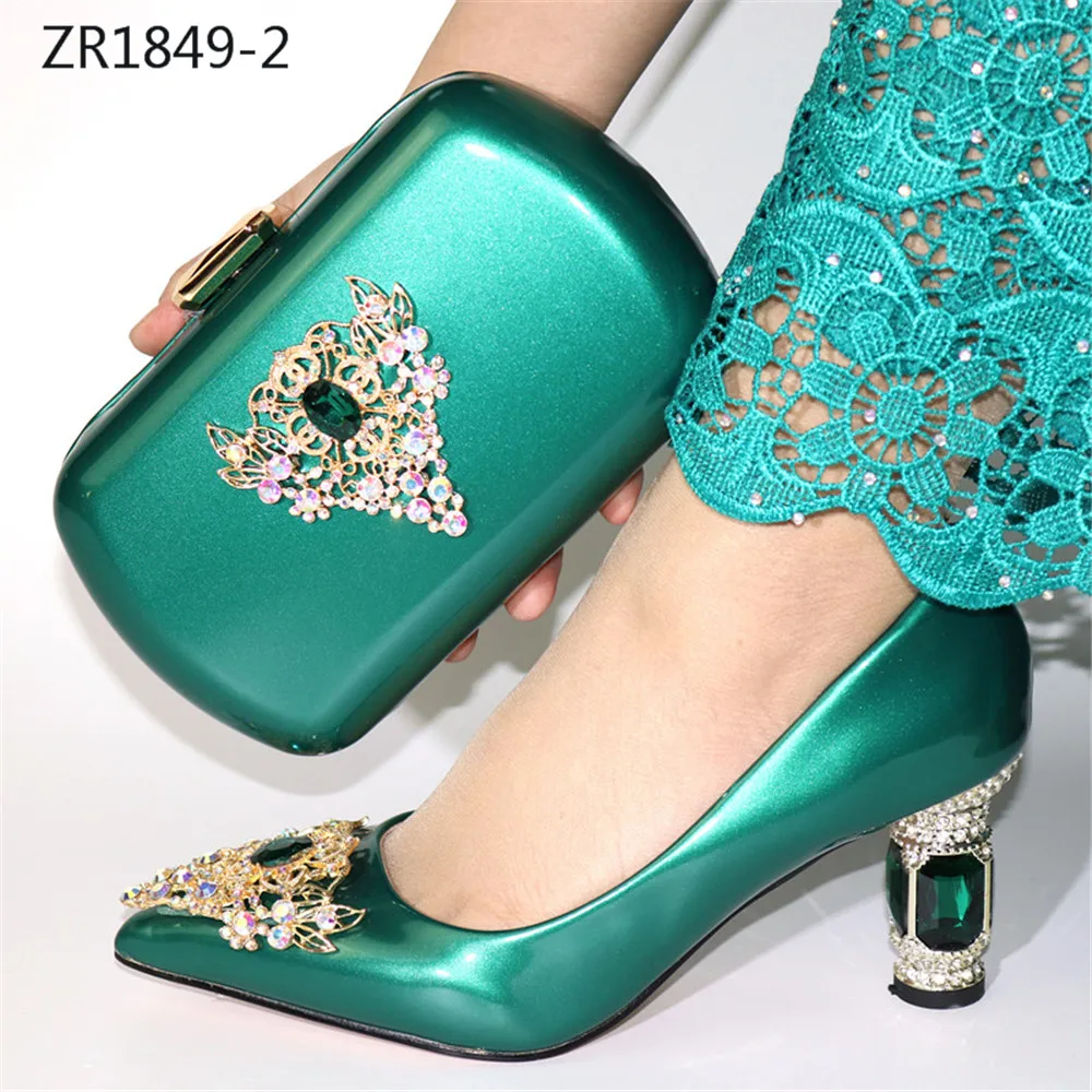 

ZR1849-2 Nigeria green color high heel women matching Italian design shoe and bag set for wedding, As picture