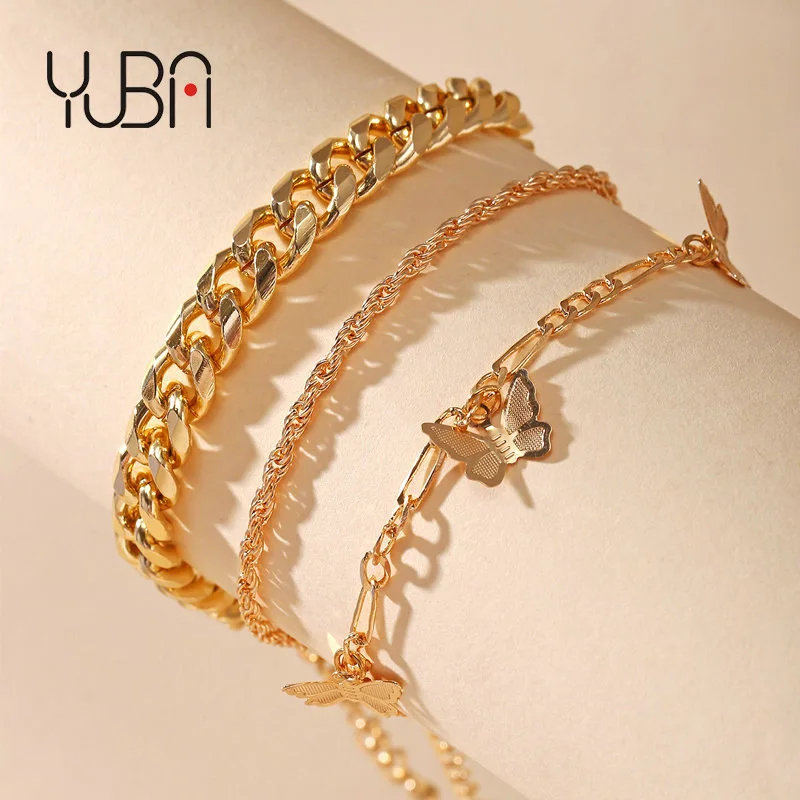 

New Arrival Gold Plated Chunky Cuban Chain Butterfly Anklet Set Thickness Cuban Twisted Rope Figaro Chain Butterfly Ankle