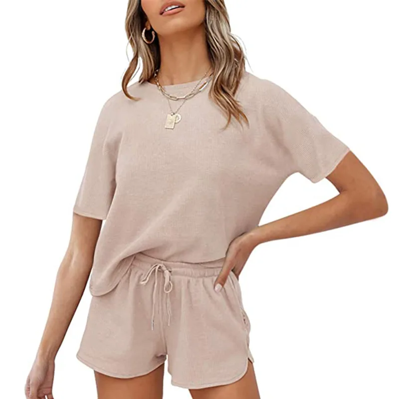 

Women's Waffle Knit Long Sleeve Top and Shorts Pullover Nightwear Lounge Pajama Set with Pockets, Required