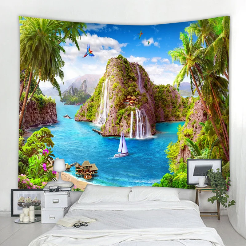 

Seaside Bird Falls Tapestry Wall Hanging Seaside Scenery Wall Tapestry Outside of Balcony Tapestries for Bedroom Living Room, Customized color