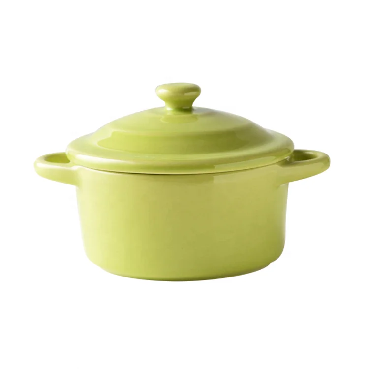 

grass green color glazed restaurant hotel family use baking Casserole ceramic soup bowl with Lid with double handle