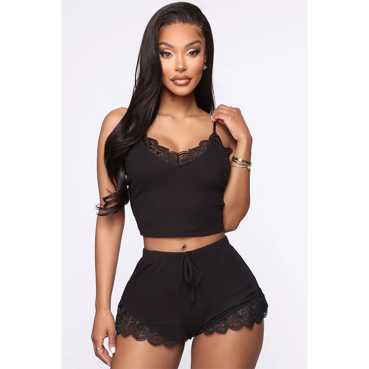 

High quality 2021 summer ladies lounge wear knit shorts set cotton comfy breathable ruffles pyjamas women sleepwear