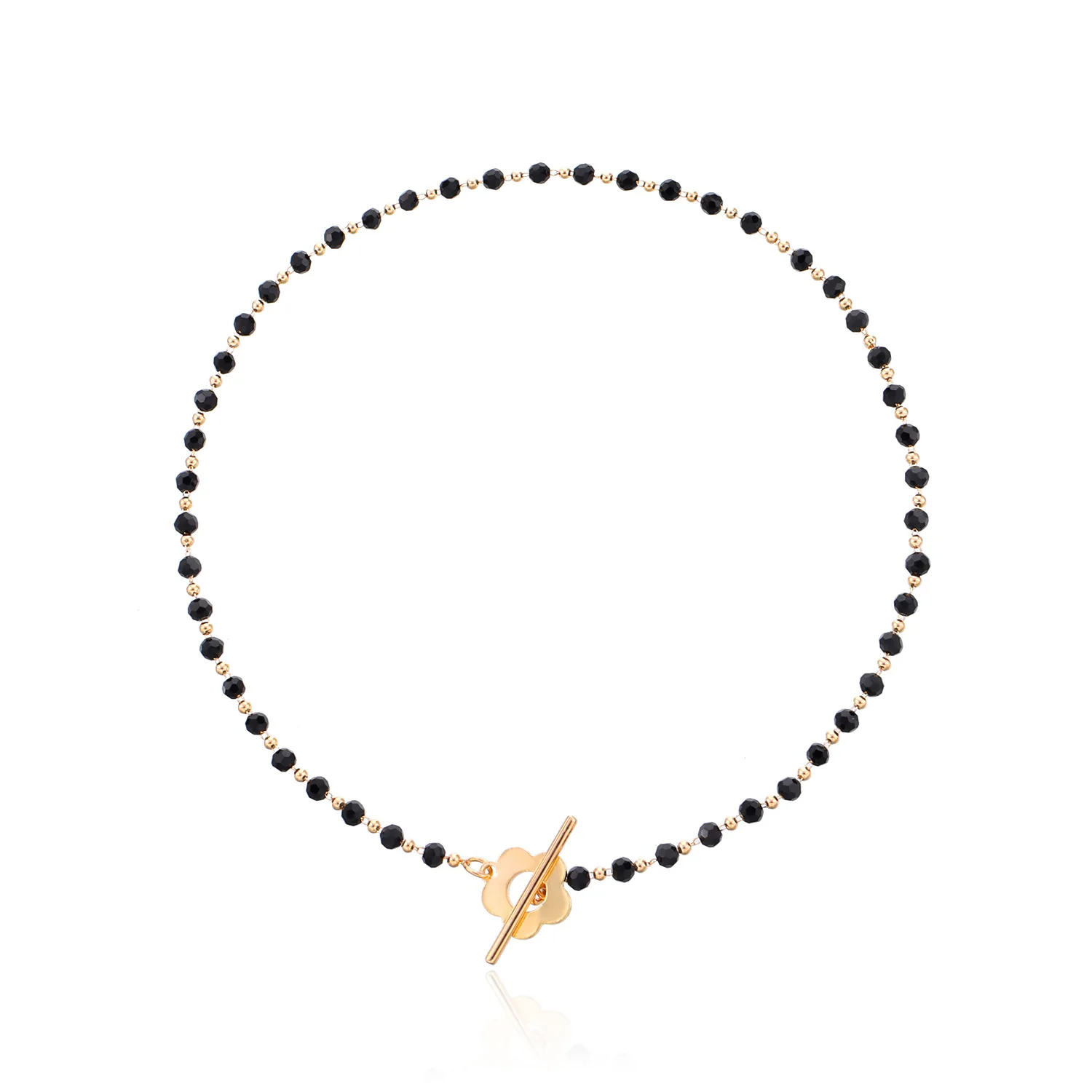 

Y2K New Trendy Handmade OT Flower Buckle Glass Black Bead Choker Necklace for Women, Gold color/silver color