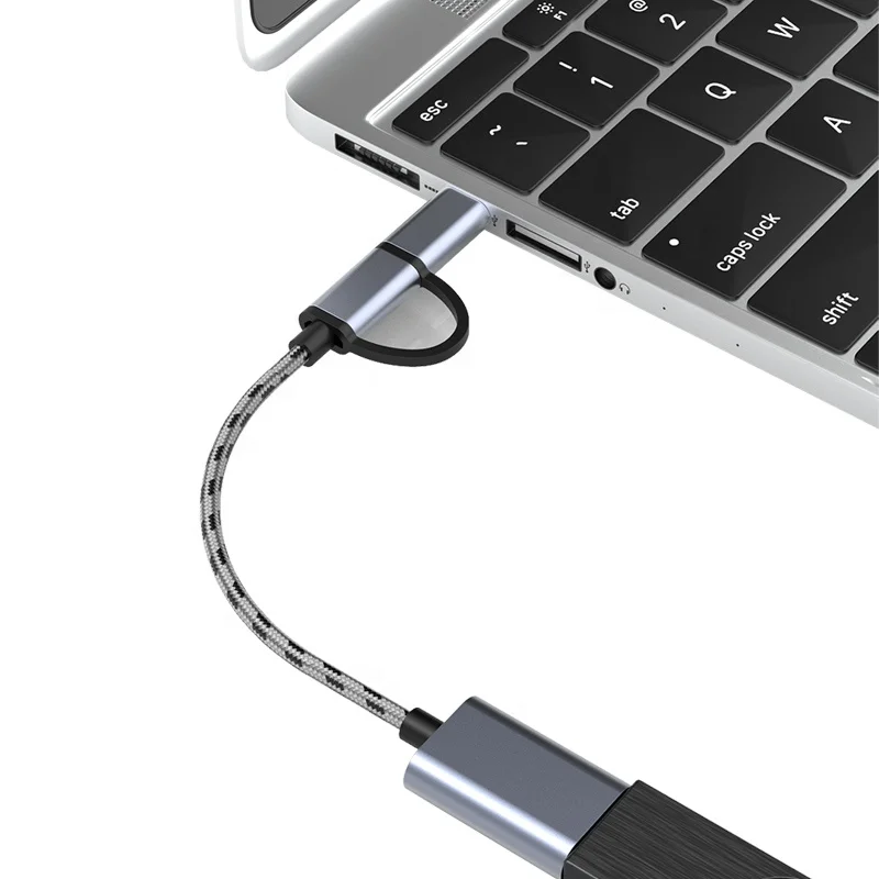 

2 in 1 USB 3.0 OTG Adapter Cable USB-C Data Transfer Nylon Braid Micro USB Data Sync For Mobile Phone Type C OTG, Gray / gold/ black