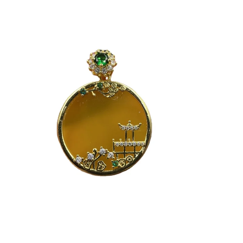 

925 Silver Inlaid Yellow Chalcedony Landscape Pendant Round Yellow Agate Pendant Green Landscape Brand