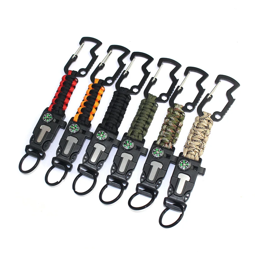 

Colorful Buckle Carabiner Embedded Compass Fire Starter Bracelet Paracord Survival Keychain, Various colors