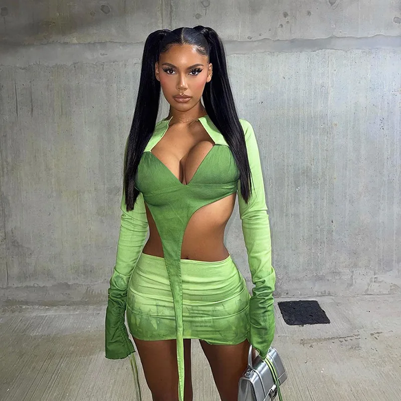 

Green color crop vest top drawstring sleeve sexy mini skirt 3 piece set for ladies