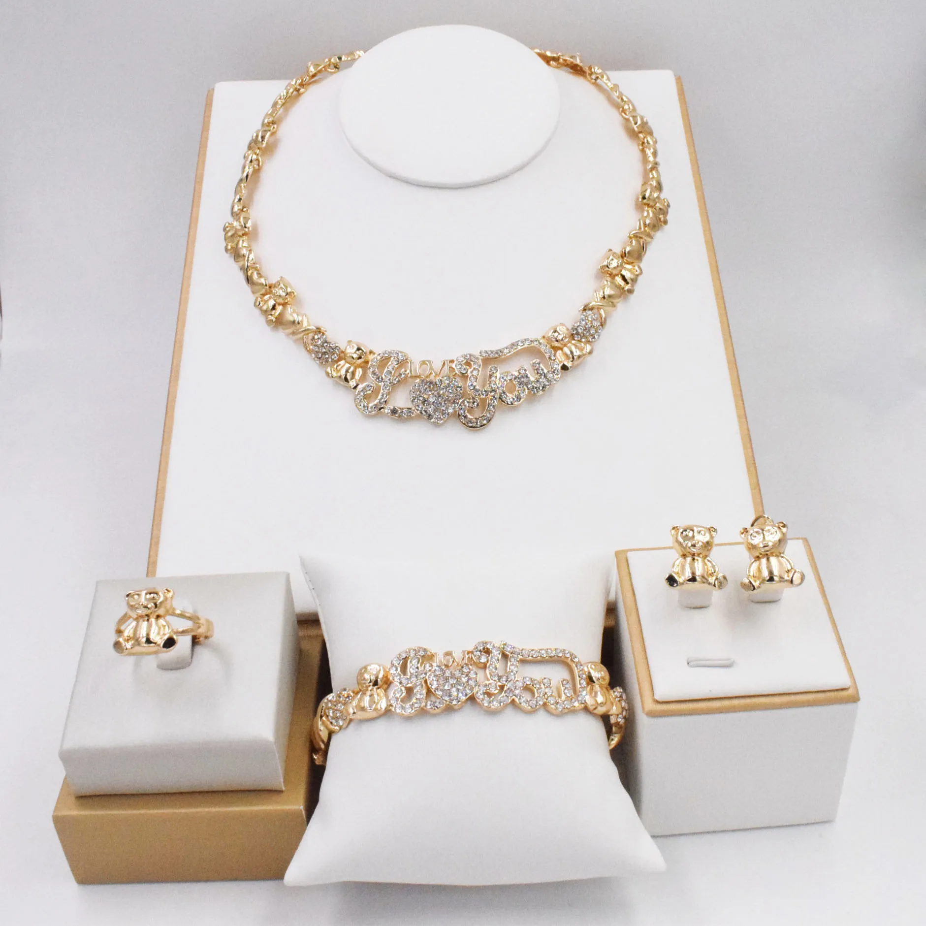 

Latest Big Teddy Bear I Love You Hug and Kiss Necklace Jewelry Set American Diamond Gold Plated Jewelry Set Adult Gifts NT0042, Gold color