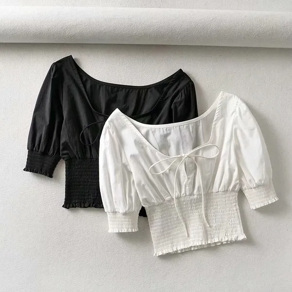 

cs289 New Arrival Girl's Vintage Black White Color Elastic Band Shirts Women Summer Crop Top Clothing