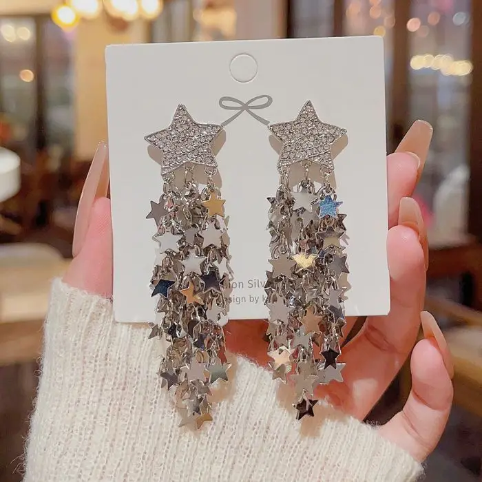 

Fashion Crystal Rhinestone Star tassel Earrings Luxury Long Tassel Dangle Statement Accessories for Women Jewelry Wedding Party