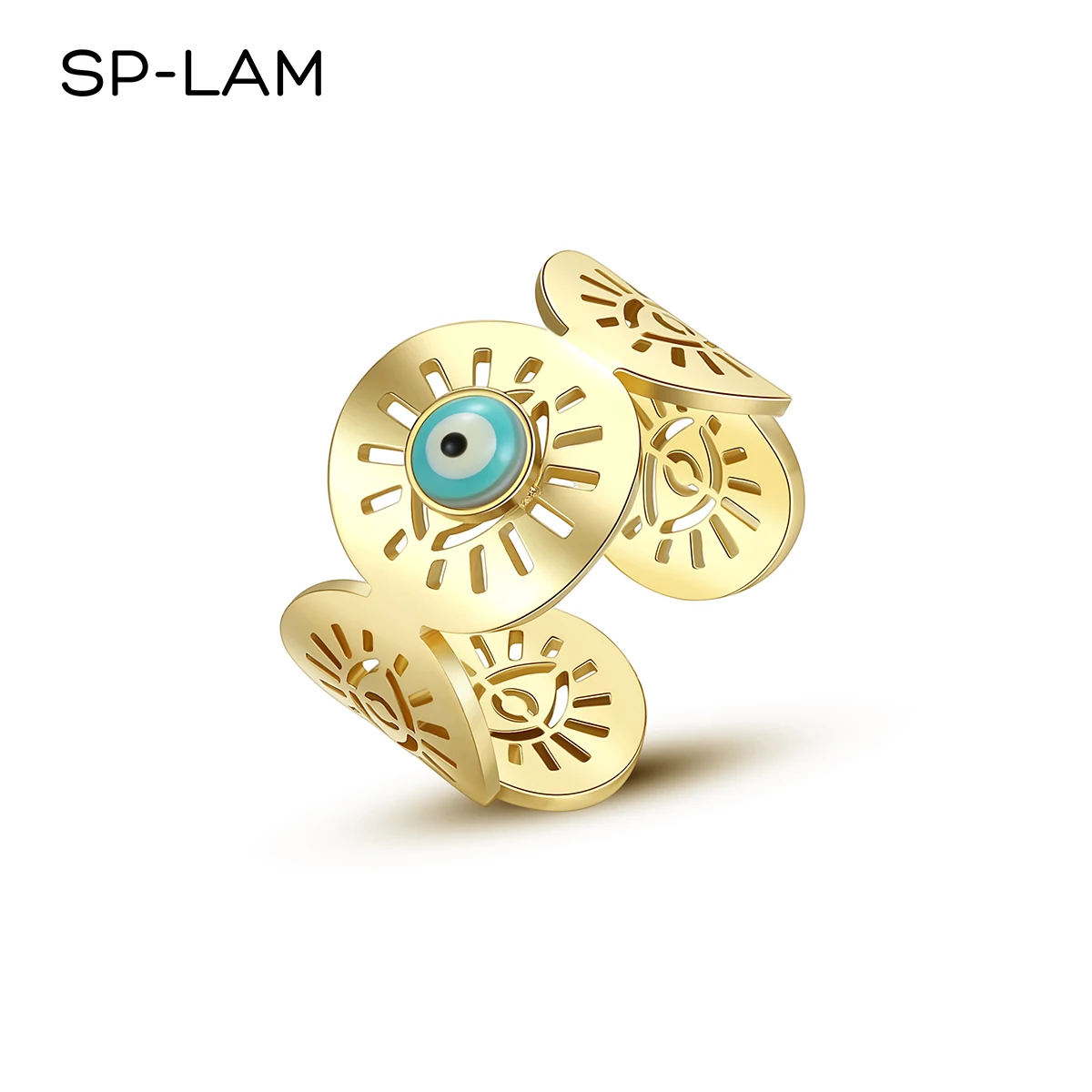 

SP-LAM Blue Eye Turquoise Evil Open Stainless Steel Stone Jewelry Designer Bohemian Chunky Ring