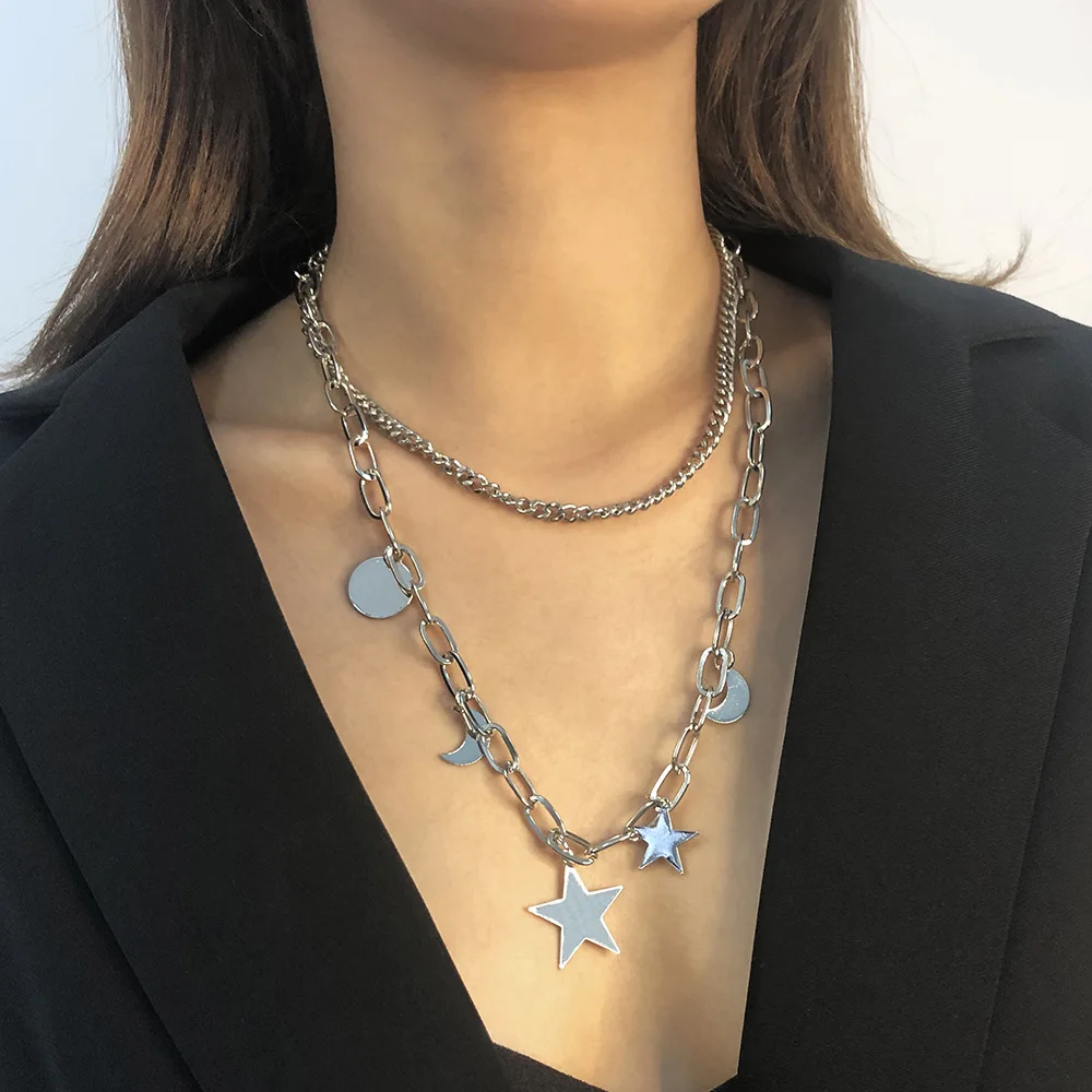 

Personality Double Layered Star Crescent Necklace Multi-layer Pendant Necklace Women's Fashion Jewelry Chain Necklace