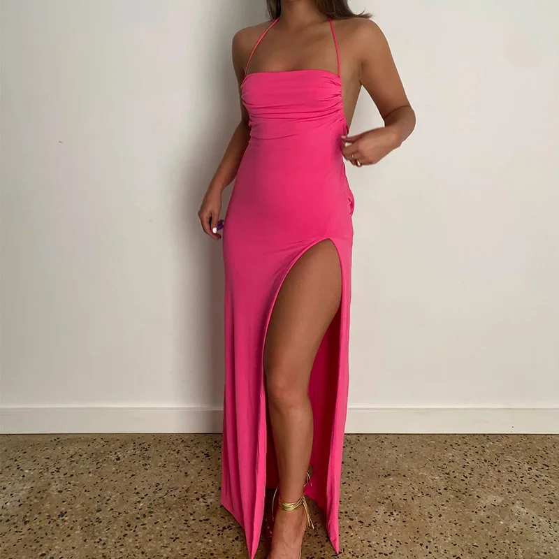 

AW519 2022 Women fashion clothing halter solid square collar high split backless casual prom elegant maxi dress, As picture shown or customized following customer design