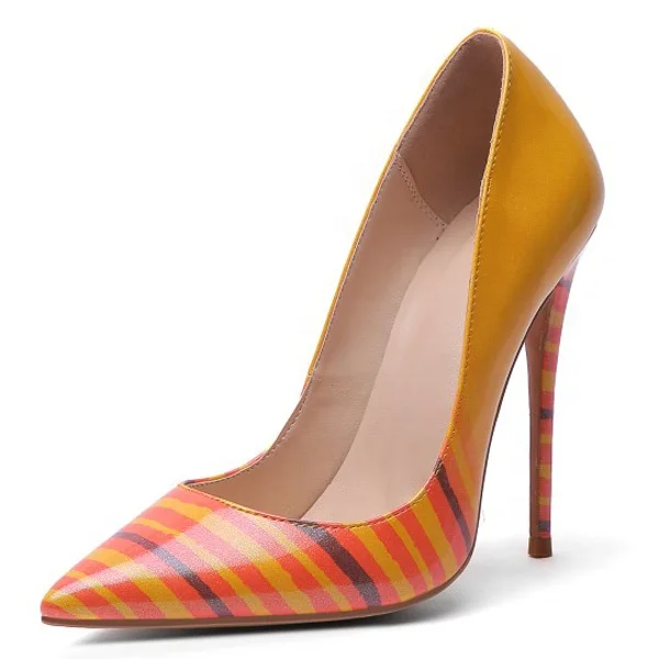 

8inches Heeled Women Pointy Toe High Heels Dress Shoes Srtipes Gradient Color Dress Stiletto Basic Party Lady Pumps Shoes, Green yellow blue orange