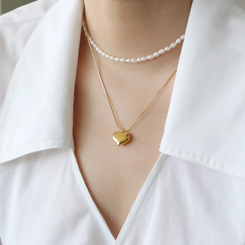 

Simple Style Stainless Steel Snake Bone Chain Heart Necklace 18k Gold Plated High Polished Heart Stainless Steel Necklace