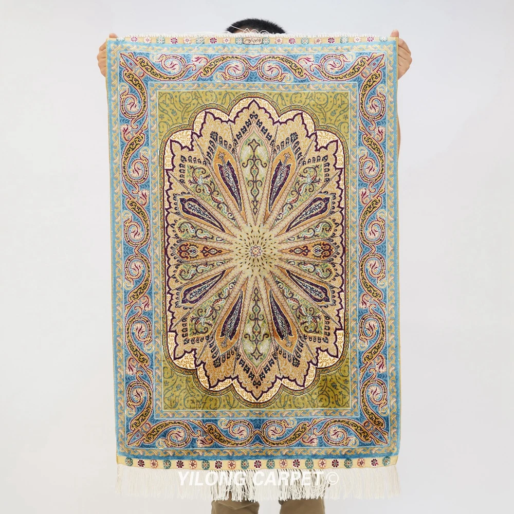 

YILONG 2'x3' Persian oriental handicraft carpet small handmade area green silk rug