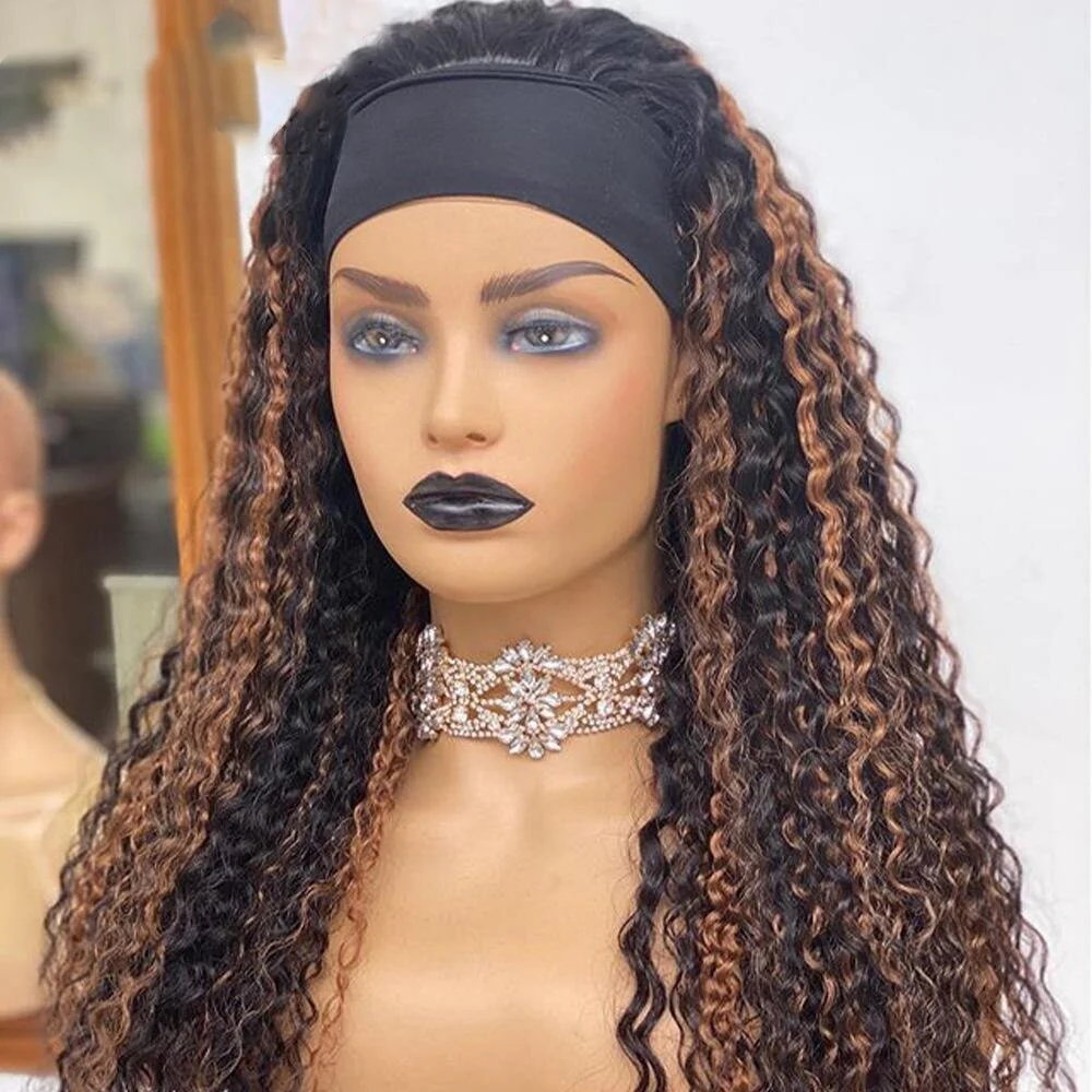 

Honey Blonde Highlights Curly Headband Wigs Full Machine Made Wig With Jerry Curly HeadBand Human Hair Wigs For Black Women
