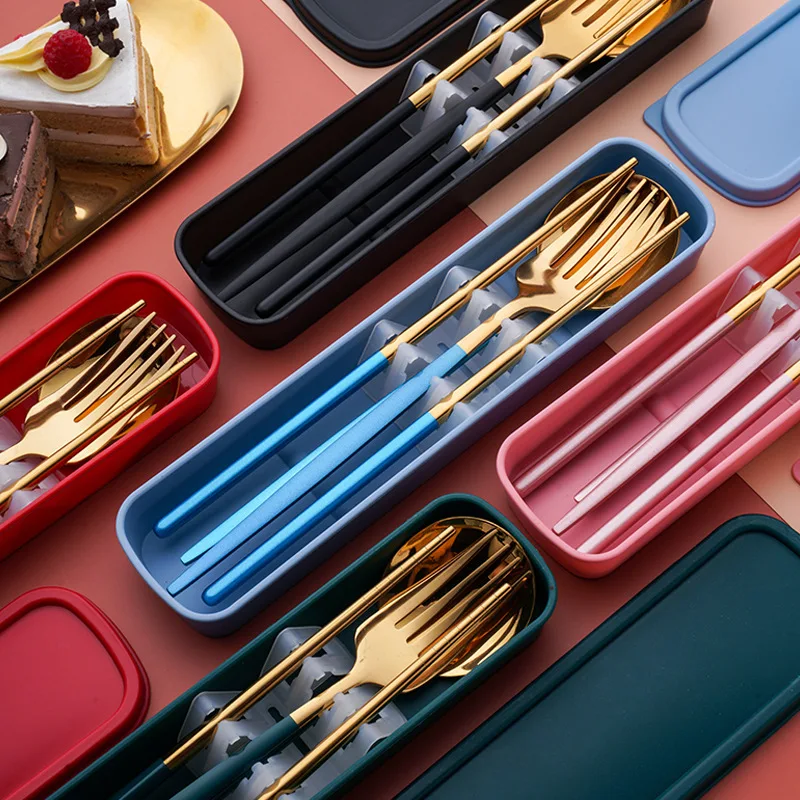 

Portable Color Handle Cutlery Set with Case couverts Korean Style Reusable Outdoor Camping Gold Cutlery Set spoon fork chopstick, As shown or customized color