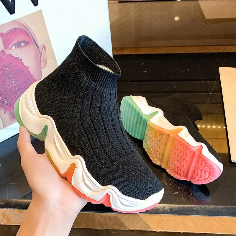 

Light High Top New Breathable Flying Socks Shoes Women Sports Elastic Socks Sneakers Woman Ladies Flat Running Walking Shoes