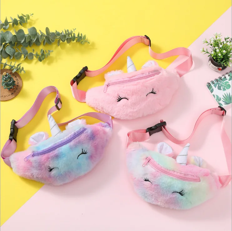 

2019 Factory Sale Outdoor Cute Cartoon Unicorn Plush Velvet Crossbody Bag Children Waist Fanny Packs for Kids, 3 colors