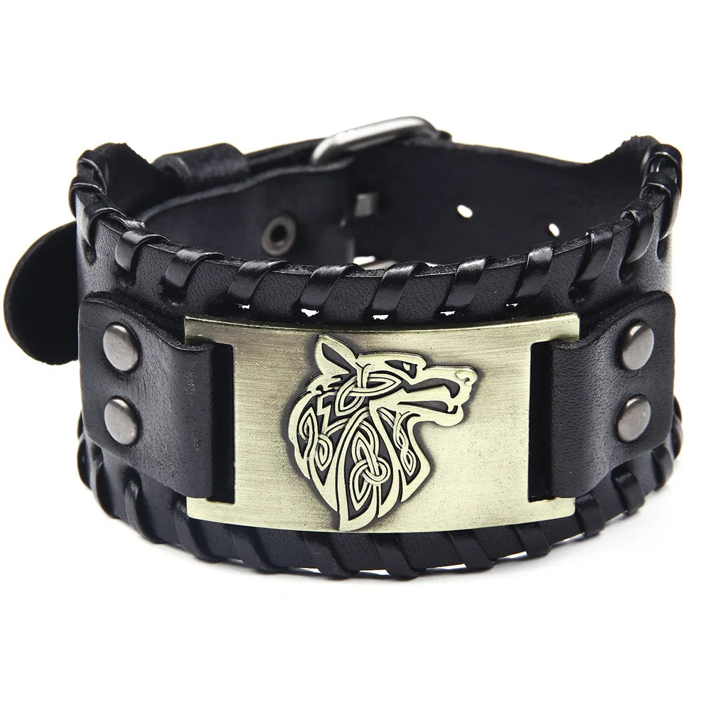 

Fashion Nordic Vikings Wolf Head Leather Bracelet for Men Jewelry