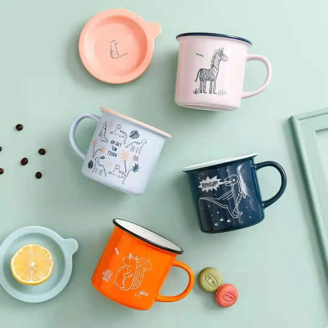 

380ml New imitation enamel ceramic mug with lid Office mug Animal cartoon cup Couple Breakfast Cup