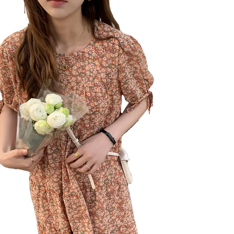 

Summer O Neck Korean Fashion Dress Little Cake Floral A-line Casual Dresses Bow Tie Cuff Mini Beach Loose Women Dress, Green, orange or customized colors