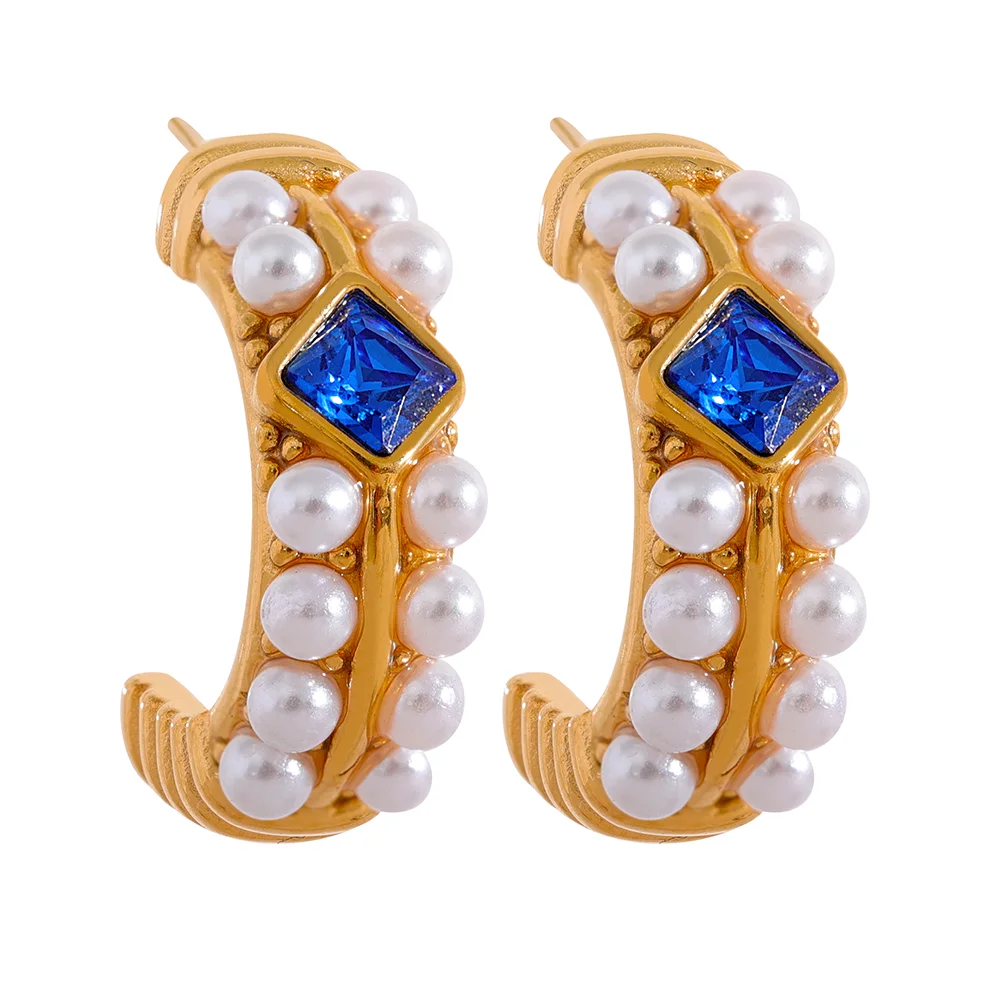 

JINYOU 1357 Vintage Artificial Pearls Stainless Steel C Shape Huggie Earrings Blue Cubic Zirconia Palace Stylic Fashion Jewelry