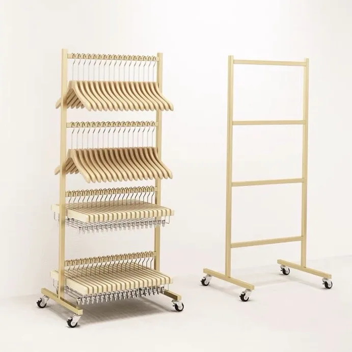 

Retail Store Fixture Hanging Clothes Hanger Storage Shelf Custom Shop Design Metal Gold Clothing Dress Display Rack