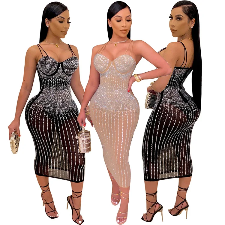 

Double Strap Bodycon Transparent Mesh Maxi Diamond Sequin Dresses Women Party Wear Club Beaded Casual Dresses, As show