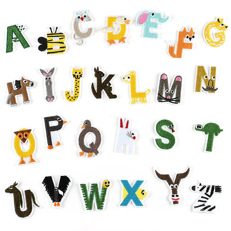 

Wholesale Cute Cartoon Animal Shapes 26 Alphabet DIY Iron on Backing Patches