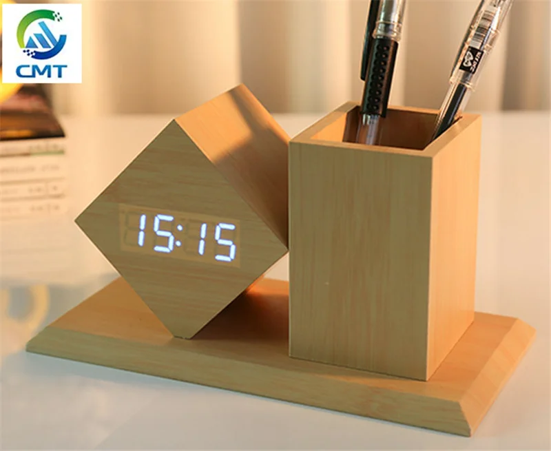 

The fine quality diamond digital wooden Alarm clock Pen holder and clock set Voice control digital wooden clock, Customized color