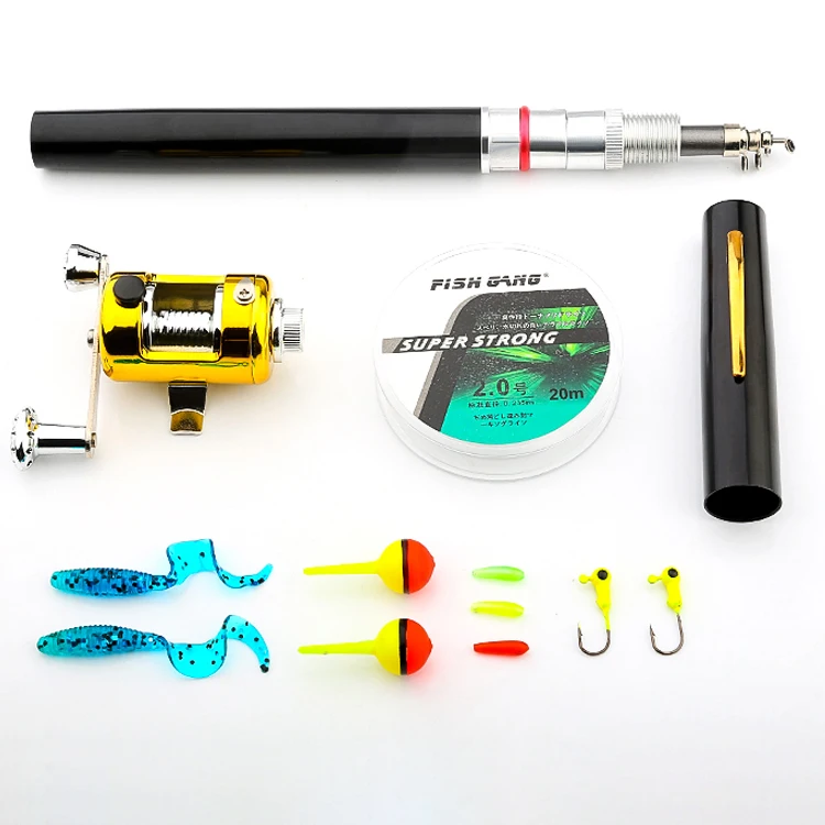 

Wholesale Fishing Rod Reel Combo Set Mini Telescopic Pocket Pen Fishing Rod Pole + Reel + Line + Soft Lures Baits Hooks