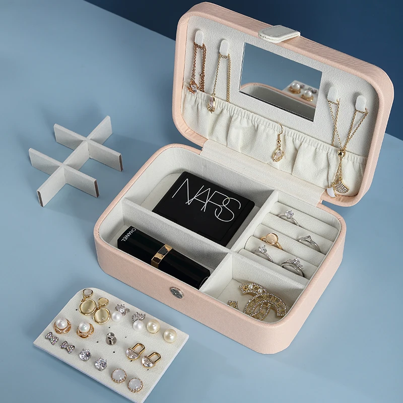 

PU girl jewelry box organizer travel jewelry storage box double-layer earring necklace ring box sundries organizing holder women, White and pink