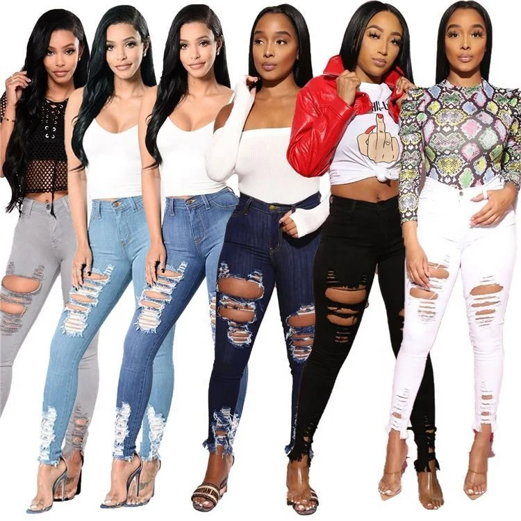 

New Trdency 2021 Summer Black Blue High Waist Ripped Skinny Flare Jeans Women Stacked Pants Denim Jeans, 6 colors