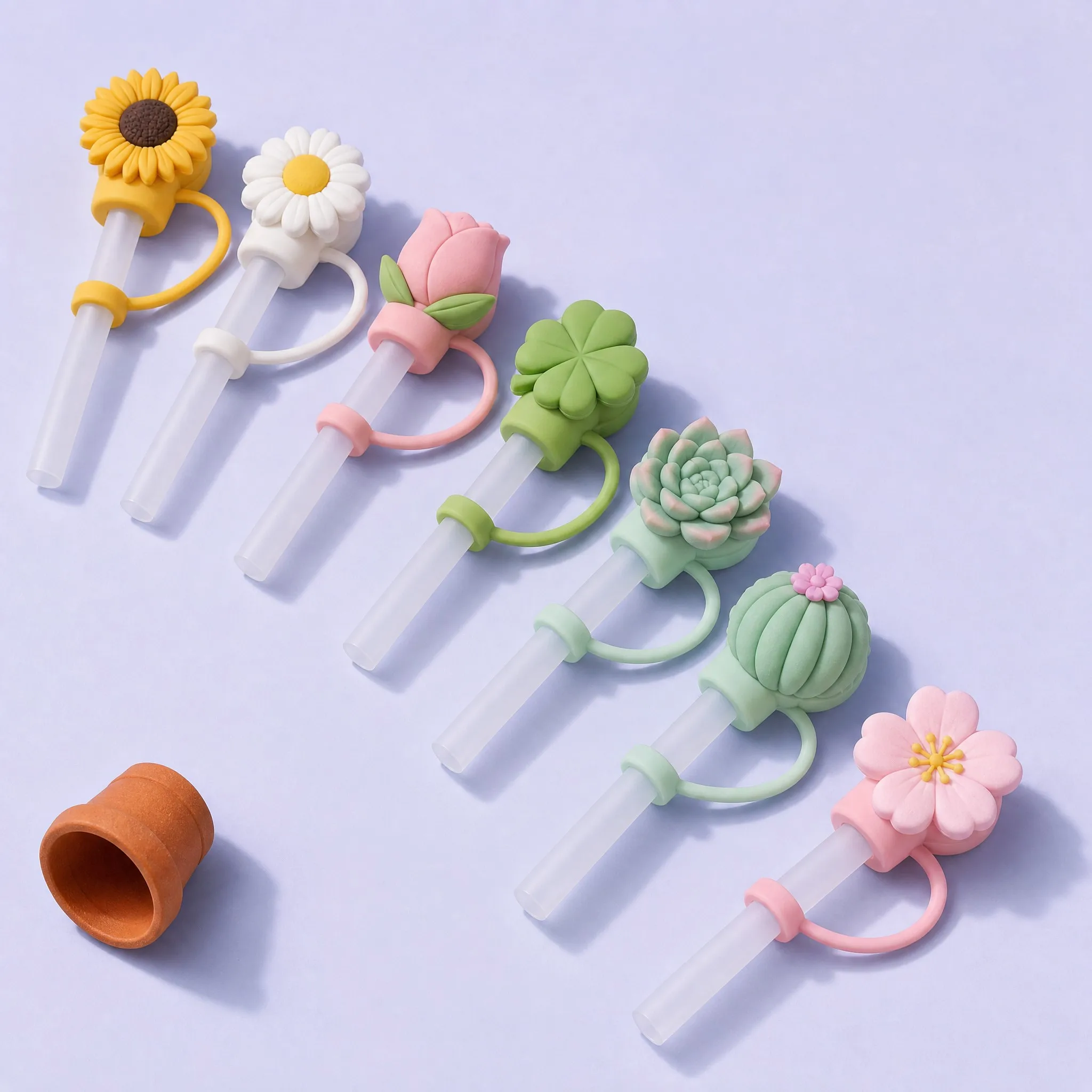Floral and Botanical Silicone Straw Toppers 7 Styles Lineup for Stanley 10mm Straws